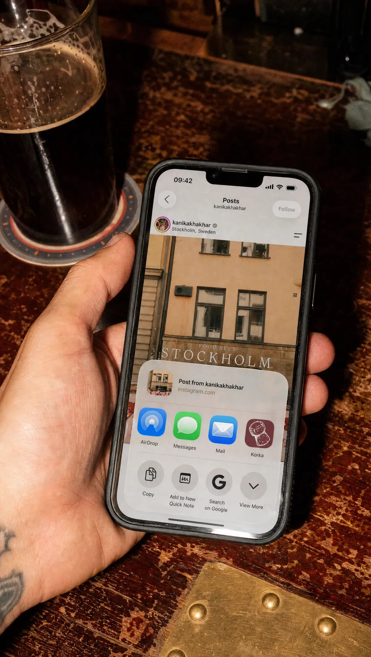 An Instagram post open with the iOS share sheet showing Korka alongside AirDrop, Messages and Mail