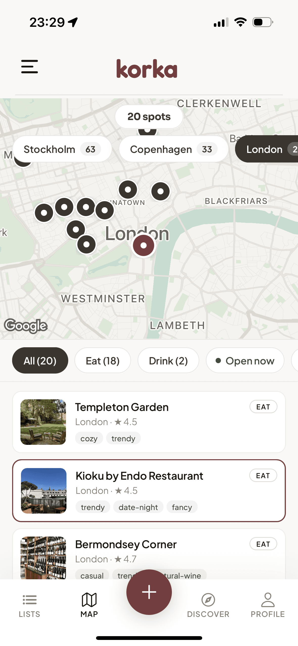 Korka map view with city pills and filters showing saved venues across Stockholm, Copenhagen and London
